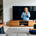 A diverse group of adults and children, fully clothed in modest, comfortable, family-friendly attire, are gathered in a brightly lit, modern living room. They are smiling warmly as they watch an inspiring advertisement on a large flat-screen television, which displays a scene of community and togetherness. The focus is on the emotional connection and shared values evoked by the brand's storytelling. The atmosphere is inviting and positive. safe for work, appropriate content, family-friendly, fully clothed, perfect anatomy, correct proportions, natural pose, well-formed hands, proper finger count, natural body proportions, high-quality professional photography, cinematic lighting.