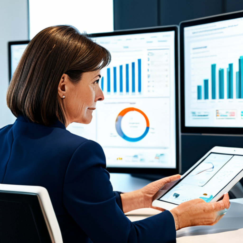 A seasoned female professional in her late 40s, elegantly dressed in a modest business suit, confidently engaging with a tablet displaying complex data visualizations. She is seated at a sleek, minimalist desk in a bright, contemporary office setting, with a large, subtle screen showing digital analytics in the soft-focused background. The image emphasizes innovation and digital adaptation in the advertising and public relations industry. High-quality professional photography, perfect anatomy, correct proportions, natural pose, well-formed hands, proper finger count, natural body proportions, vibrant lighting, sharp focus, professional dress, appropriate attire, fully clothed, modest clothing, safe for work, appropriate content, professional.
