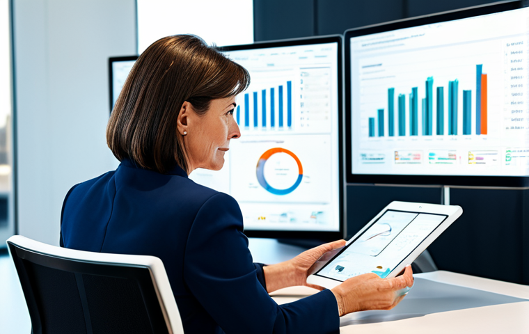 A seasoned female professional in her late 40s, elegantly dressed in a modest business suit, confidently engaging with a tablet displaying complex data visualizations. She is seated at a sleek, minimalist desk in a bright, contemporary office setting, with a large, subtle screen showing digital analytics in the soft-focused background. The image emphasizes innovation and digital adaptation in the advertising and public relations industry. High-quality professional photography, perfect anatomy, correct proportions, natural pose, well-formed hands, proper finger count, natural body proportions, vibrant lighting, sharp focus, professional dress, appropriate attire, fully clothed, modest clothing, safe for work, appropriate content, professional.