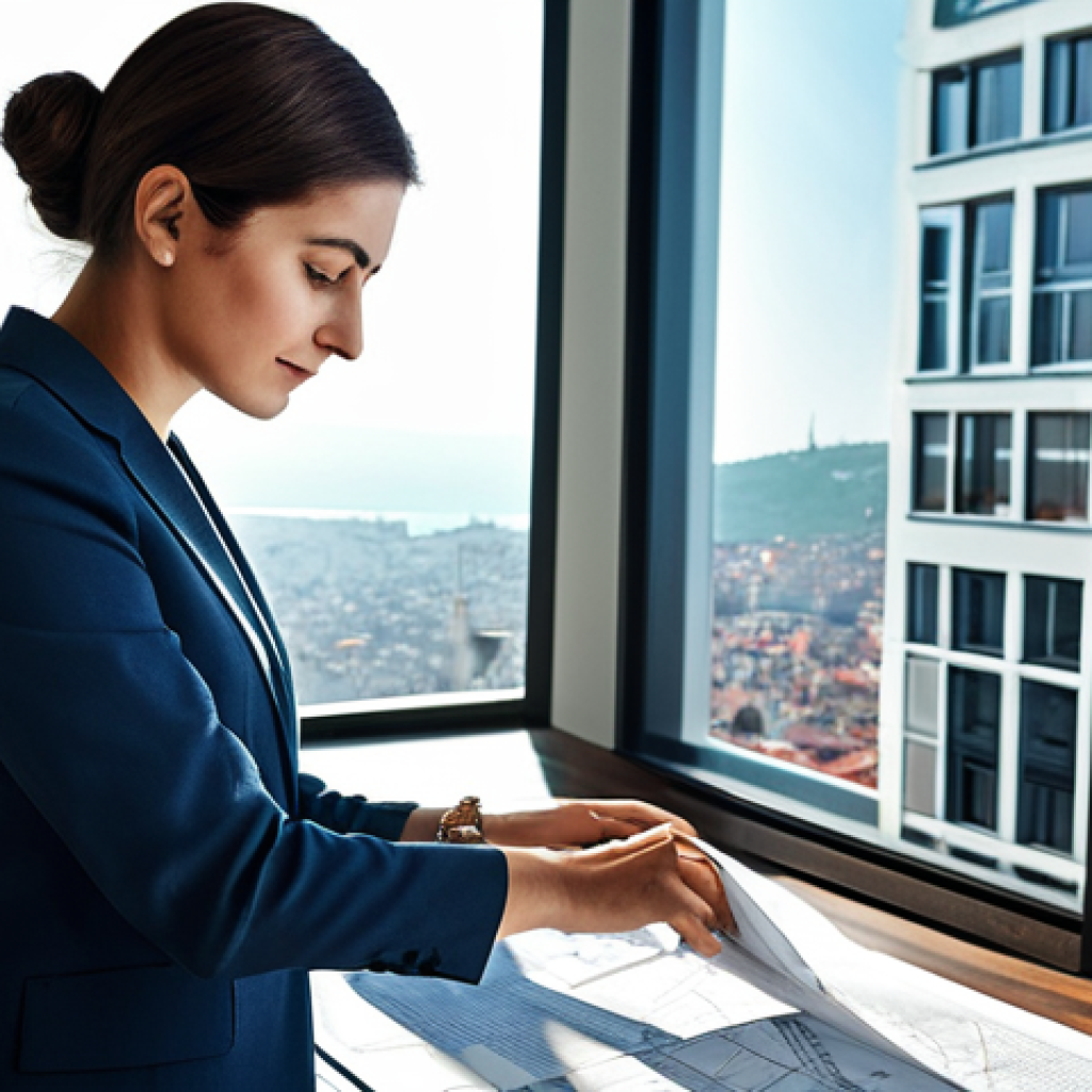**

Professional architect in a modern, sunlit Istanbul office. She is reviewing blueprints, fully clothed in modest, stylish business attire. The scene should convey competence and innovation. Perfect anatomy, correct proportions, natural pose, well-formed hands, proper finger count. Safe for work, appropriate content, family-friendly.

**