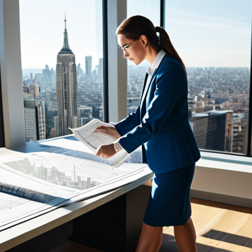 **
A professional female architect in a modern, sunlit office, fully clothed in a stylish and modest business suit, reviewing blueprints. The background includes a cityscape view through large windows. Safe for work, appropriate content, perfect anatomy, natural proportions, professional, modest clothing.
**