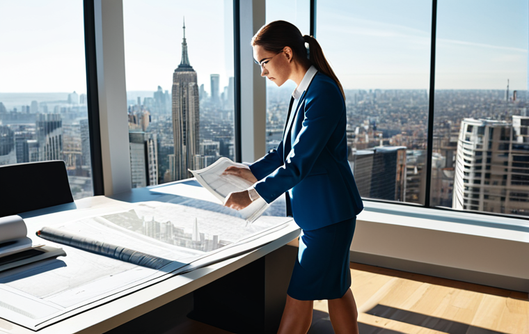 **
A professional female architect in a modern, sunlit office, fully clothed in a stylish and modest business suit, reviewing blueprints. The background includes a cityscape view through large windows. Safe for work, appropriate content, perfect anatomy, natural proportions, professional, modest clothing.
**