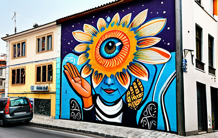 Vibrant Street Art Campaign**

A colorful, eye-catching mural on the side of a building in Istanbul, Turkey. The mural depicts scenes of local life and includes the name of a local business in a creative way.  The street scene is bustling with people.  Fully clothed individuals admire the artwork. Perfect anatomy, correct proportions, well-formed hands, natural pose. Safe for work, appropriate content, professional, modest, family-friendly. High quality street photography.

**