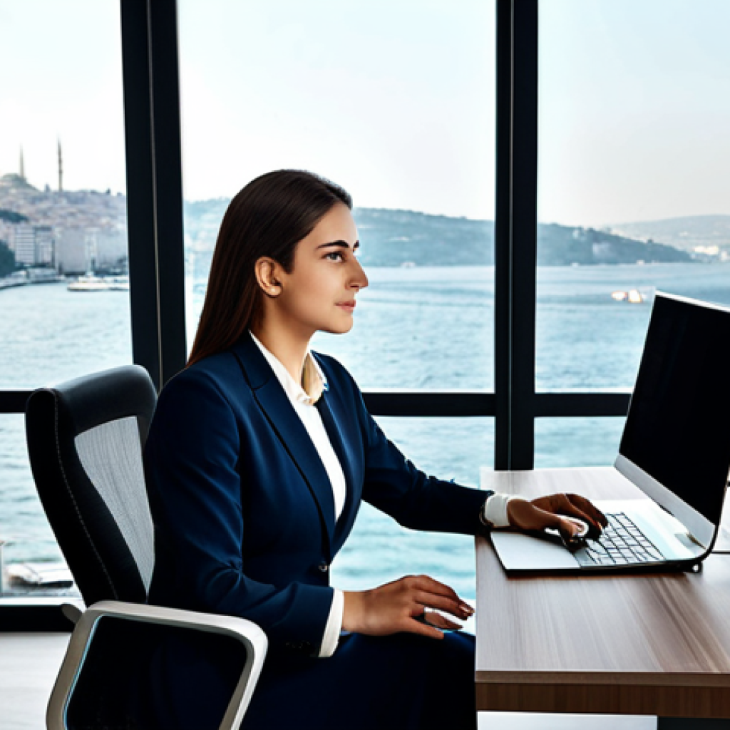 Modern Istanbul Office**

"A professional businesswoman in a modest, tailored business suit, working at a sleek desk in a modern Istanbul office overlooking the Bosphorus, fully clothed, appropriate attire, safe for work, perfect anatomy, natural proportions, professional photography, high quality, daytime."

**