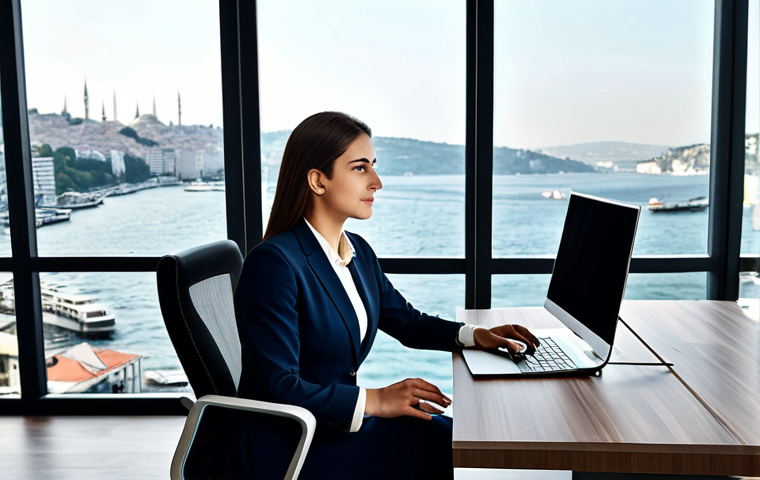 Modern Istanbul Office**

"A professional businesswoman in a modest, tailored business suit, working at a sleek desk in a modern Istanbul office overlooking the Bosphorus, fully clothed, appropriate attire, safe for work, perfect anatomy, natural proportions, professional photography, high quality, daytime."

**