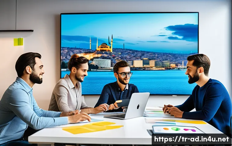 광고홍보사와 통합 광고 전략 - A professional marketing team in a modern Istanbul office, collaborating on a multi-channel advertis...