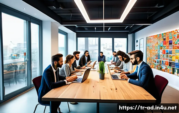 광고홍보사 커리어 패스 설계 - A modern Turkish advertising agency office scene showing a diverse team of young professionals colla...