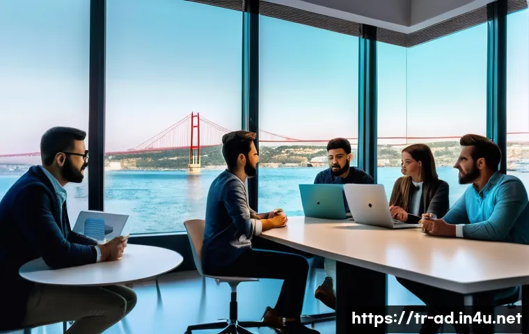 광고홍보사와 효과적인 광고 기획 프로세스 - A modern digital marketing team brainstorming in a bright, stylish Istanbul office with a large wind...