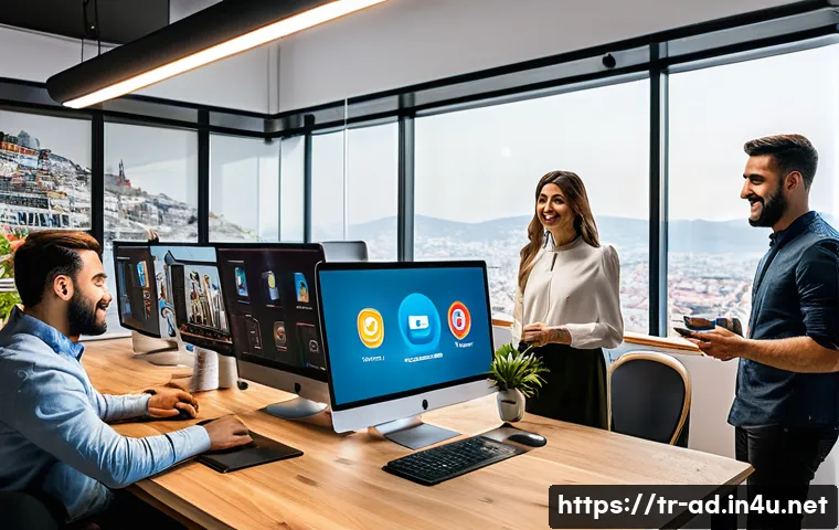 광고홍보사와 디지털 광고의 미래 - A vibrant digital marketing team in a modern Istanbul office, collaborating around large screens dis...