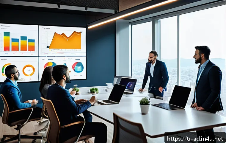 광고홍보사와 광고 예산 분석법 - A modern office scene showing a diverse team of Turkish marketing professionals gathered around a la...