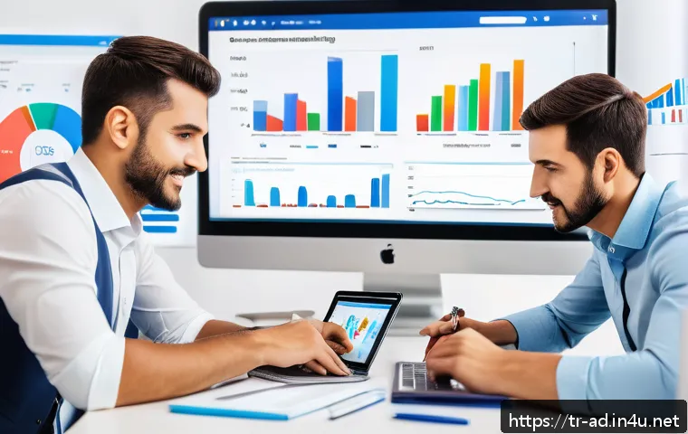 광고홍보사와 브랜드 캠페인 ROI 분석 - A modern digital marketing office scene showing a diverse Turkish marketing team analyzing colorful ...