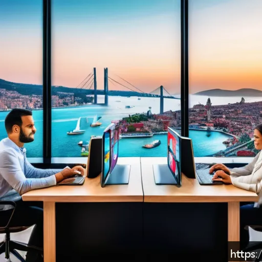 광고홍보사와 모바일 광고 트렌드 - A modern Turkish digital marketing office scene showcasing a diverse team analyzing mobile advertisi...