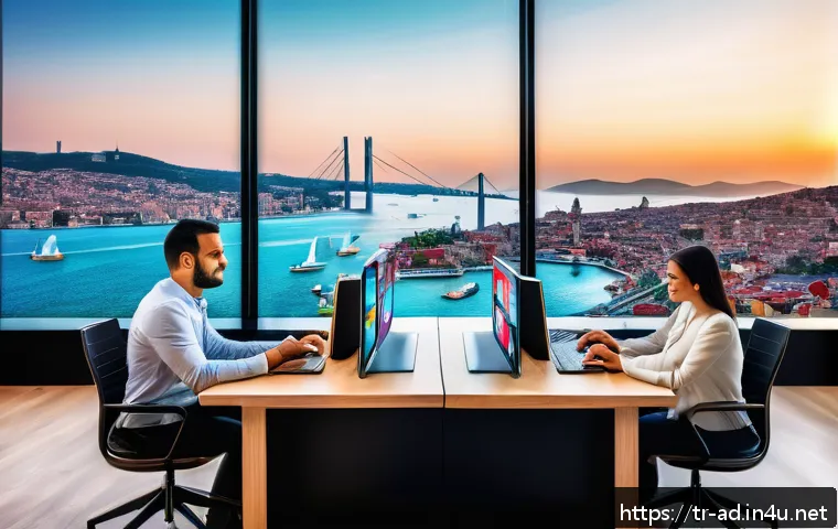 광고홍보사와 모바일 광고 트렌드 - A modern Turkish digital marketing office scene showcasing a diverse team analyzing mobile advertisi...
