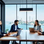 Home 19 광고홍보사와 광고주 신뢰 구축법 - A professional meeting room scene in Istanbul with a diverse Turkish advertising agency team and cli...
