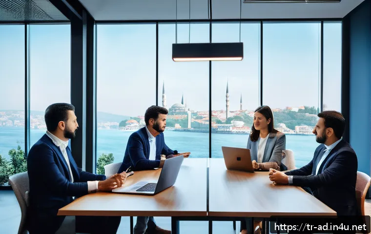 광고홍보사와 광고주 신뢰 구축법 - A professional meeting room scene in Istanbul with a diverse Turkish advertising agency team and cli...