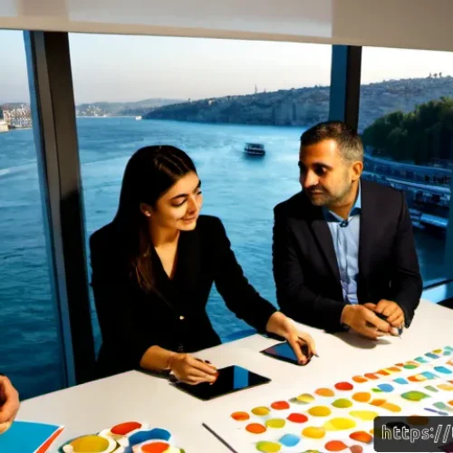 Home 17 광고홍보사와 소비자 경험 마케팅 - Photorealistic consumer experience marketing workshop in a modern Istanbul advertising agency, diver...