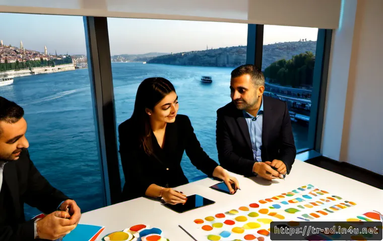 광고홍보사와 소비자 경험 마케팅 - Photorealistic consumer experience marketing workshop in a modern Istanbul advertising agency, diver...