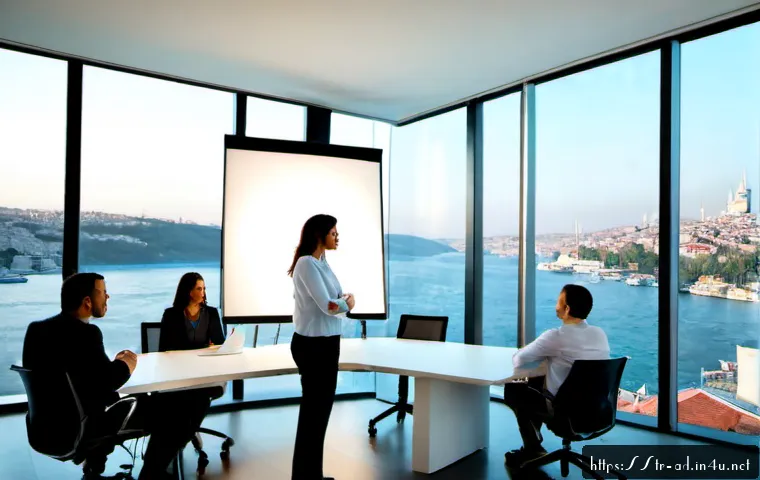 광고홍보사와 브랜드 이미지 향상 광고 - Photorealistic modern advertising agency meeting in Istanbul, a diverse Turkish creative team review...