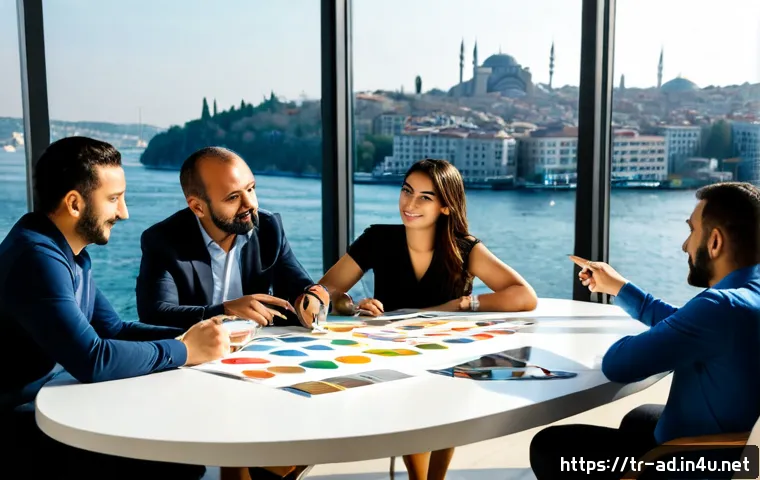 광고홍보사와 광고 심리학 - Photorealistic Istanbul advertising agency meeting, diverse Turkish creative team studying anonymous...